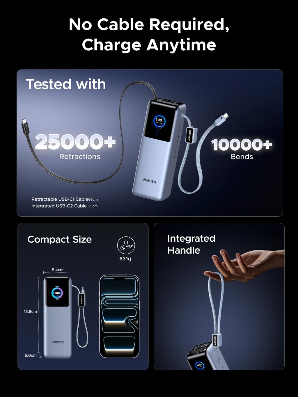 UGREEN 200W Power Bank 25000mAh Fast Charging Built-in Cable
